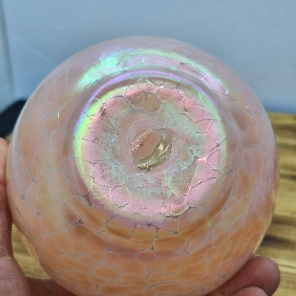 Pink Iridescent Studio Art Glass Hand Blown Vase Spotted 5.5 Inch Pontil‎